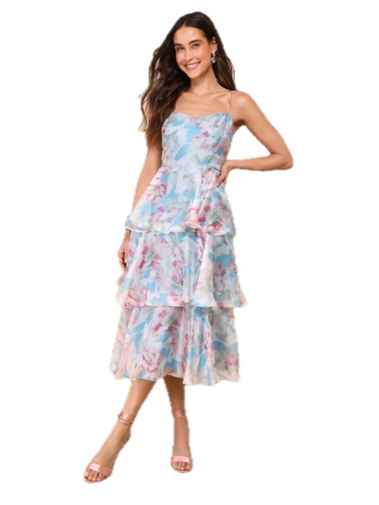 Lulus Dresses & Skirts - Lulus Floral Darling Blue Organza Tiered Midi Dress XL NWOT Tags